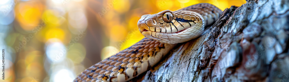 Beautiful Snake Resting on a Tree with Vibrant Autumn Background, Capturing Nature's Elegance and Serpent's Intriguing Patterns in Fall Forest Setting, Wildlife Photography at Its Finest Beautiful Snake Resting on a Tree with Vibrant Autumn Background, Capturing Nature's Elegance and Serpent's Intriguing Patterns in Fall Forest Setting, Wildlife Photography at Its Finest