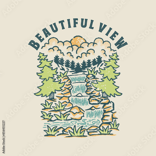 landscape illustration waterfall graphic river design forest badge nature vintage outdoor