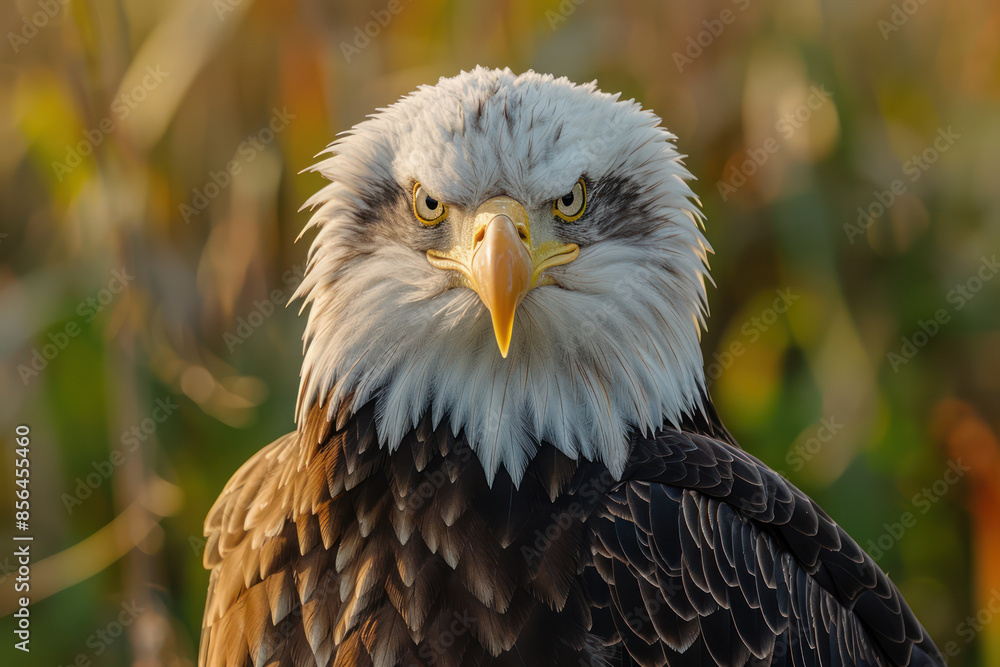 Obraz premium Majestic Bald Eagle in Natural Habitat Displaying Powerful Gaze and Graceful Features Amidst Vibrant Foliage in the Background Captured in Stunning Detail Highlighting Wildlife and Bird Photography