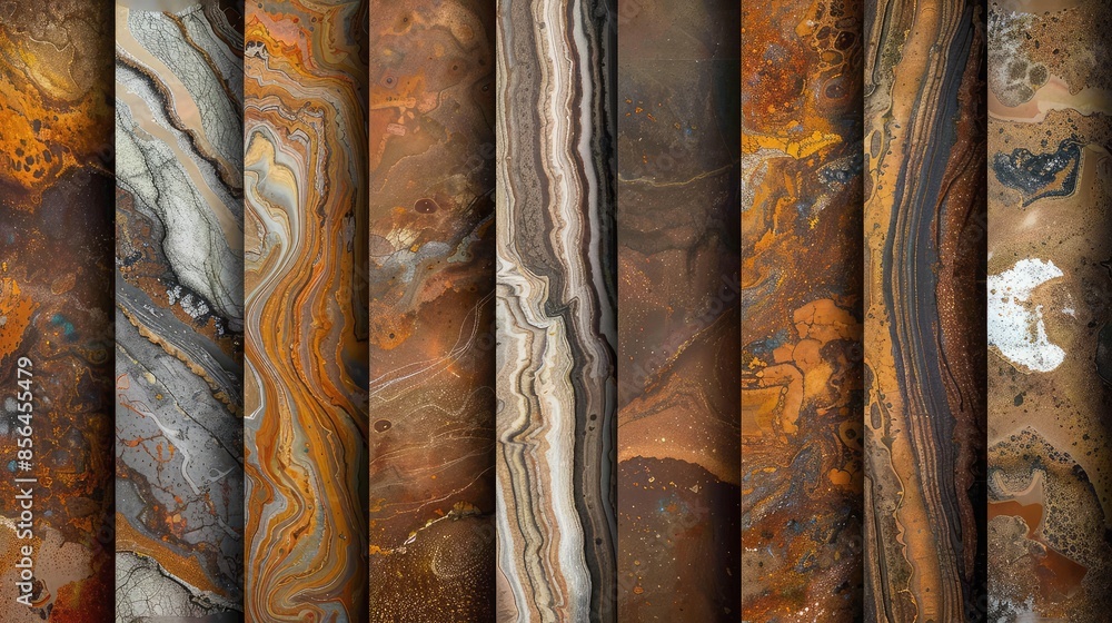 A series of vertically aligned rectangular panels, each showcasing an abstract marbled texture in earth tones A series of vertically aligned rectangular panels, each showcasing an abstract marbled texture in earth tones