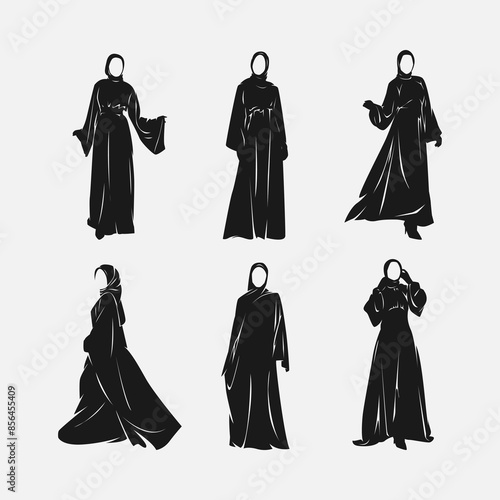 Set silhouettes of muslim woman wearing islamic clothes style. hijab, abaya. Vector illustration.