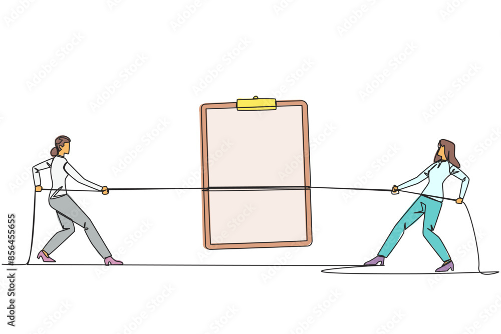 Sticker Single continuous line drawing two businesswomen fighting over a clipboard