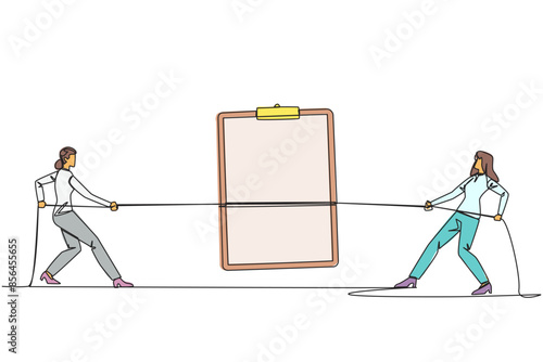 Single continuous line drawing two businesswomen fighting over a clipboard. Fight to be the first to complete the biweekly report. Compete for the company profits. One line design vector illustration