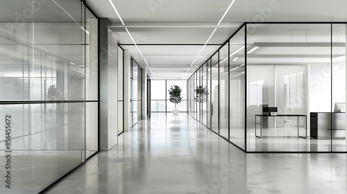 Empty office hall with glass walls and doors Reception desk and corridor   Generative AI