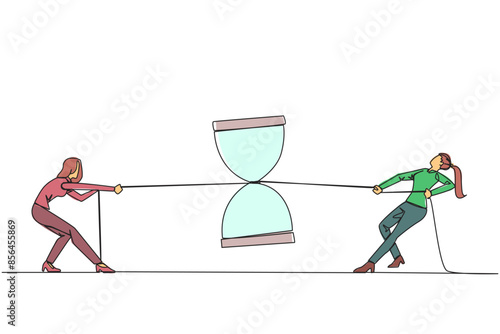 Single one line drawing two businesswomen fighting over an hourglass. Chasing each other against time. Scramble for extra time at the right time. Deadline. Continuous line design graphic illustration
