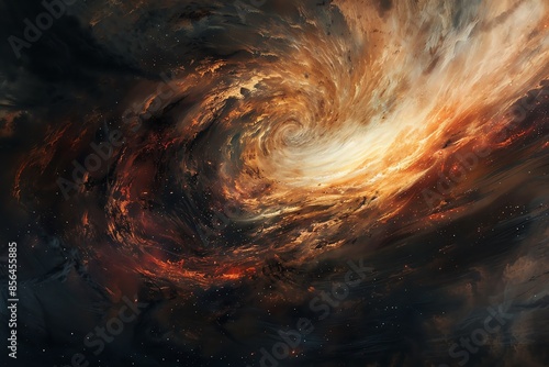 Eye-level perspective of a swirling galaxy, soft ripples in the cosmos, fiery embers near the horizon, oil painting style, rich textures, deep contrasts