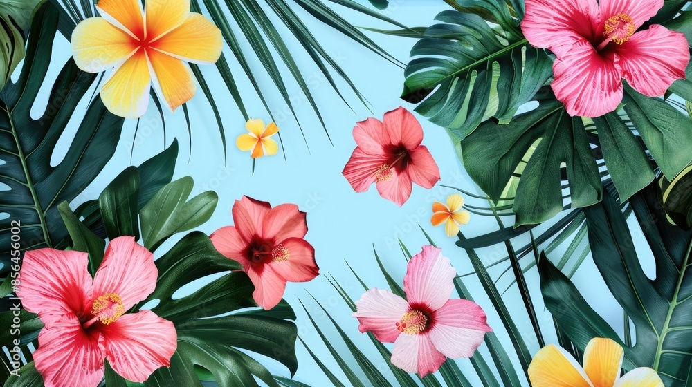 Summer attire featuring floral and palm leaf patterns on a blue background Summer attire featuring floral and palm leaf patterns on a blue background