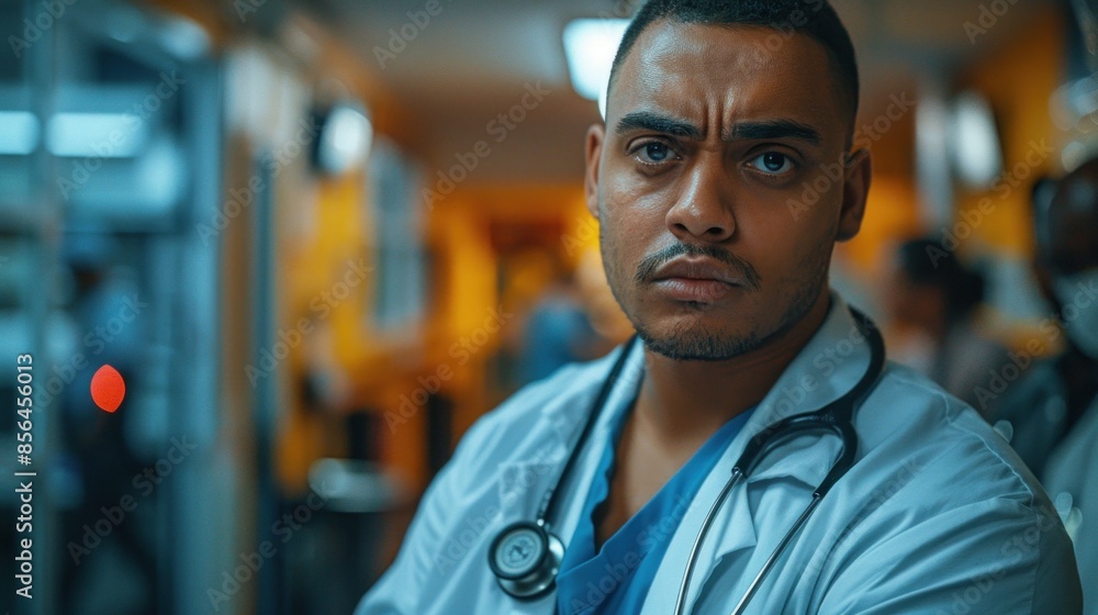 A man in a white lab coat is standing in a hospital hallway. He is wearing a stethoscope and he is a doctor A man in a white lab coat is standing in a hospital hallway. He is wearing a stethoscope and he is a doctor