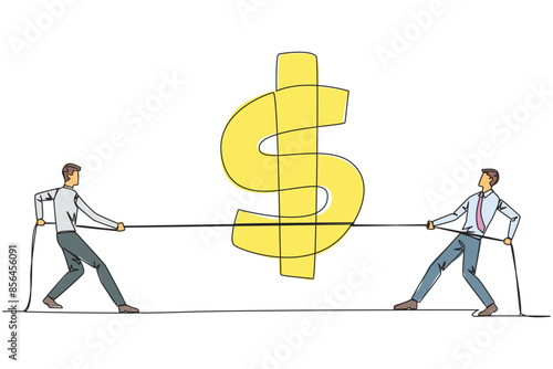 Continuous one line drawing two businessmen fighting over dollar symbol. Balancing expenditure with income. Don't be careless in spending money in business. Single line draw design vector illustration