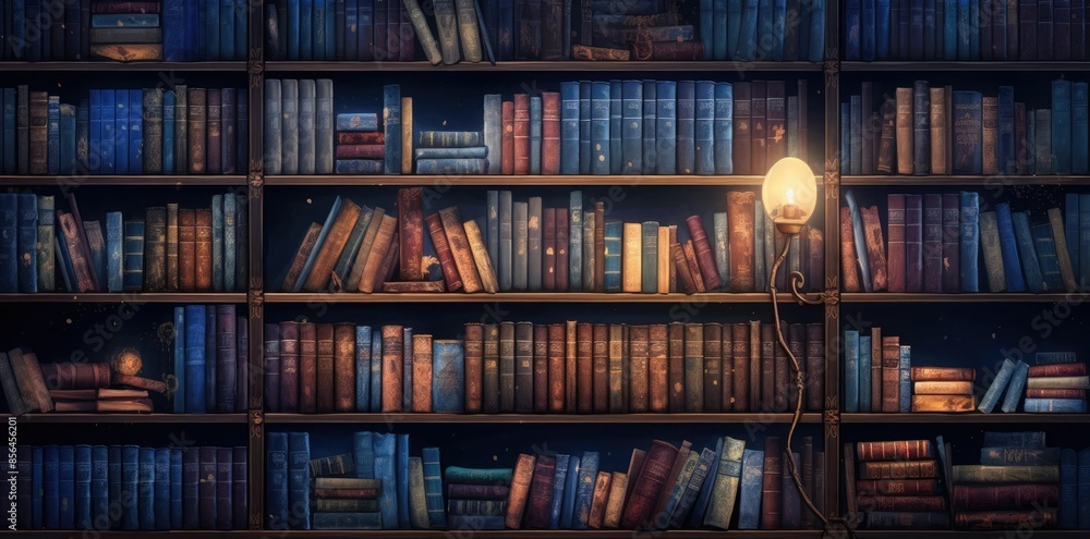 books background illuminated by a lamp on a wooden shelf books background illuminated by a lamp on a wooden shelf