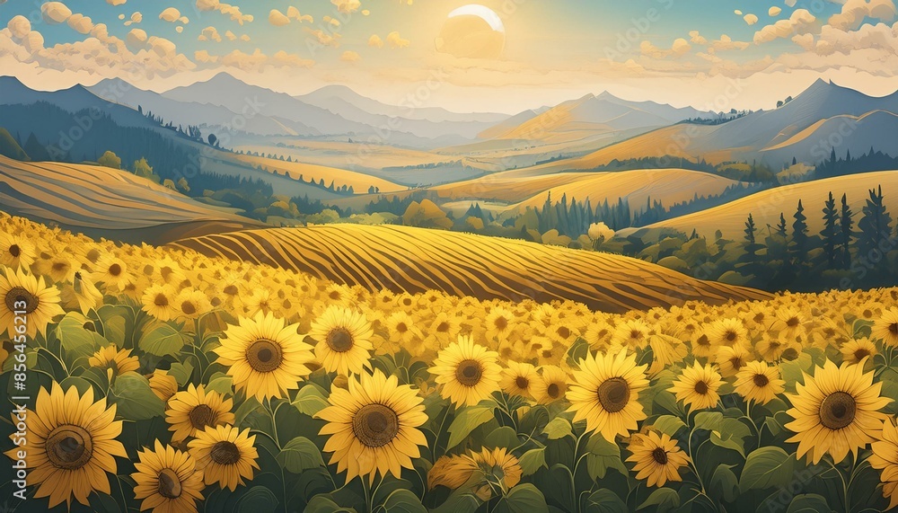 Fototapeta premium Blooming fields with yellow sunflowers, banner