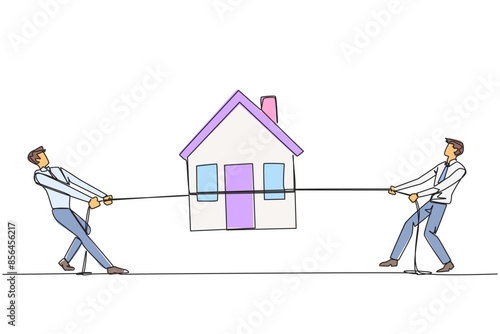 Continuous one line drawing two businessmen fight over a miniature house. Compete to get a decent official residence. House close to business location. Single line draw design vector illustration