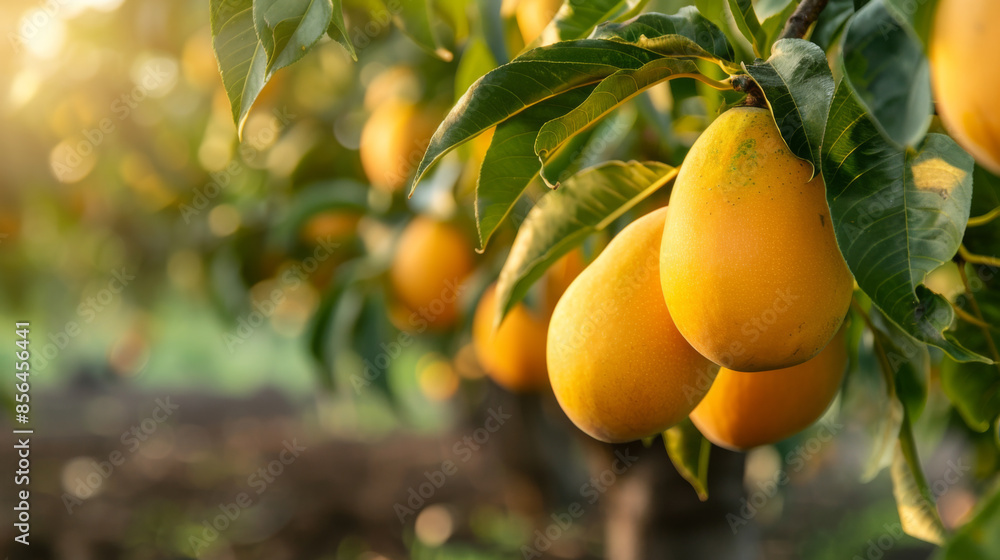 Close-up of ripe yellow mangoes hanging from tree branches in an orchard, bathed in warm sunlight.