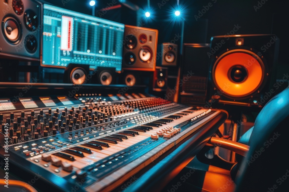 Professional sound recording studio with intricate audio equipment and mixing console, music production concept, high-resolution photo. generated by AI Professional sound recording studio with intricate audio equipment and mixing console, music production concept, high-resolution photo. generated by AI