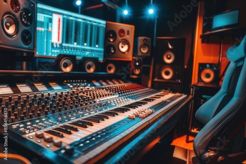 Professional sound recording studio with intricate audio equipment and mixing console, music production concept, high-resolution photo. generated by AI © Виталий Арестов