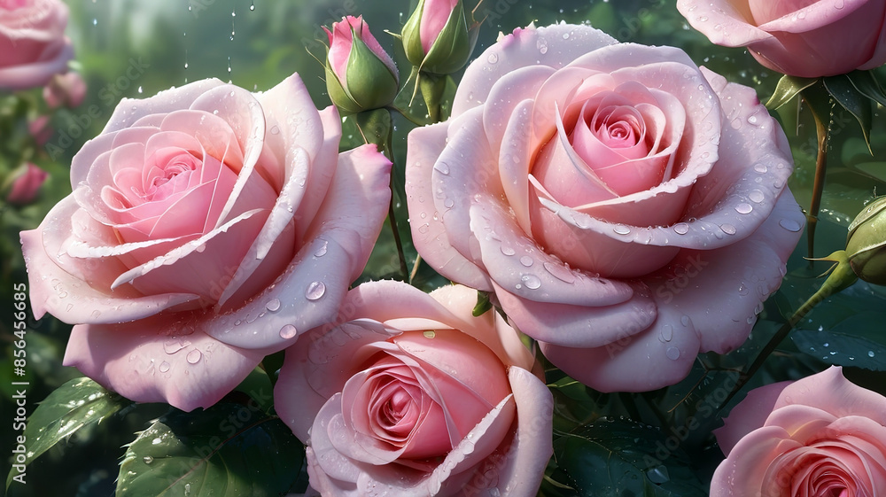 Beautiful pink roses with water drops on petals, generative Ai