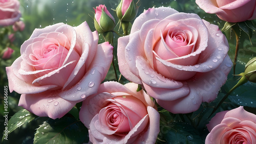 Obraz na płótnie Beautiful pink roses with water drops on petals, generative Ai w salonie