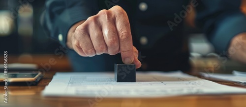 A man is stamping a piece of paper with a black block