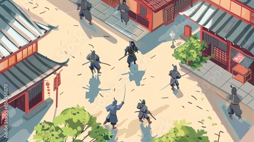 ninja ambush flat design, top view, ancient Japan theme, cartoon drawing, splitcomplementary color scheme photo