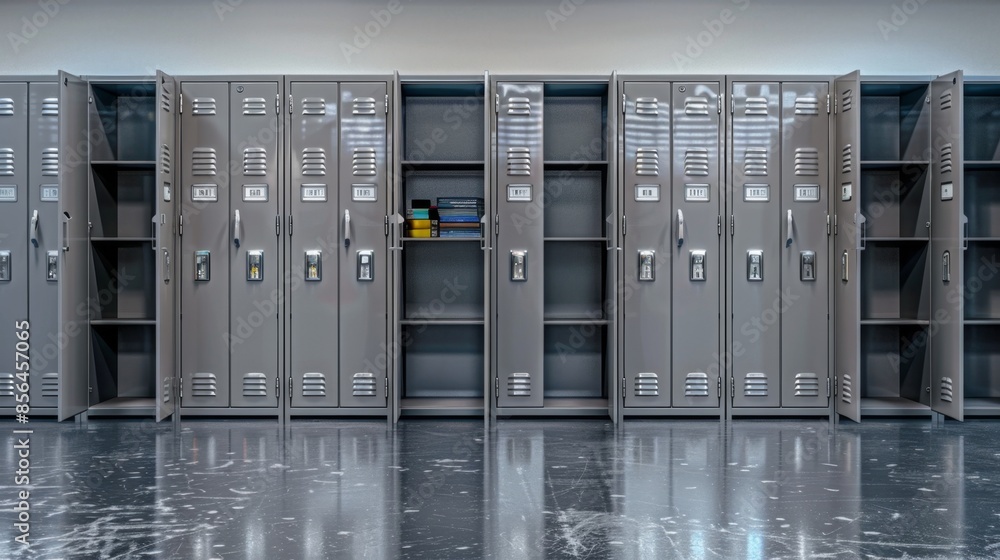 Row of Open Grey Lockers in a School Hallway, Generative AI Row of Open Grey Lockers in a School Hallway, Generative AI