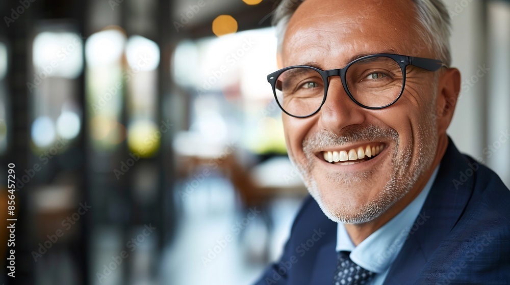 Fototapeta premium Smiling 45 years old banker happy middle aged business man bank manager mid adult professional businessman ceo executive in office older mature entrepreneur wearing glasses headshot po : Generative AI