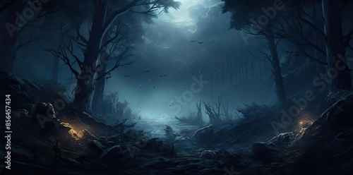 cool background pictures of a dark forest at night featuring a variety of trees, including a large tree, a bare tree, and several smaller trees © Siasart Studio