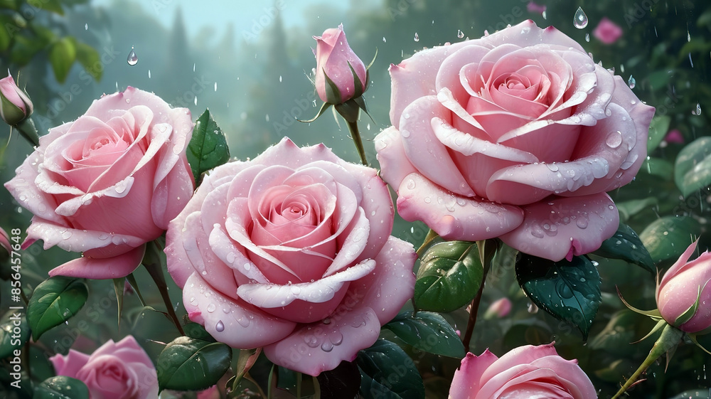 Beautiful pink roses with water drops on petals, generative Ai