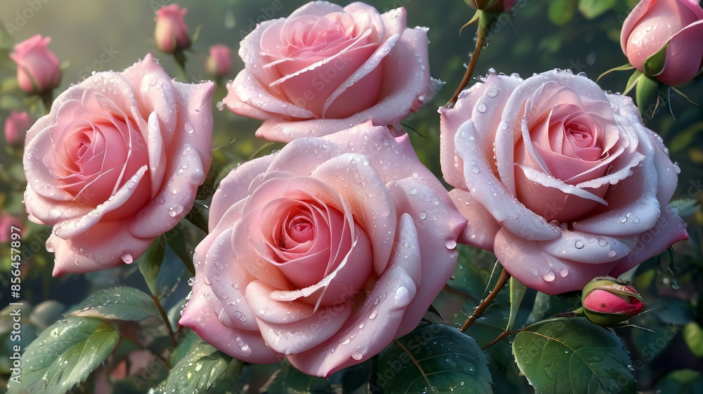 Beautiful pink roses with water drops on petals, generative Ai