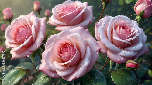 Obraz na płótnie Beautiful pink roses with water drops on petals, generative Ai w salonie