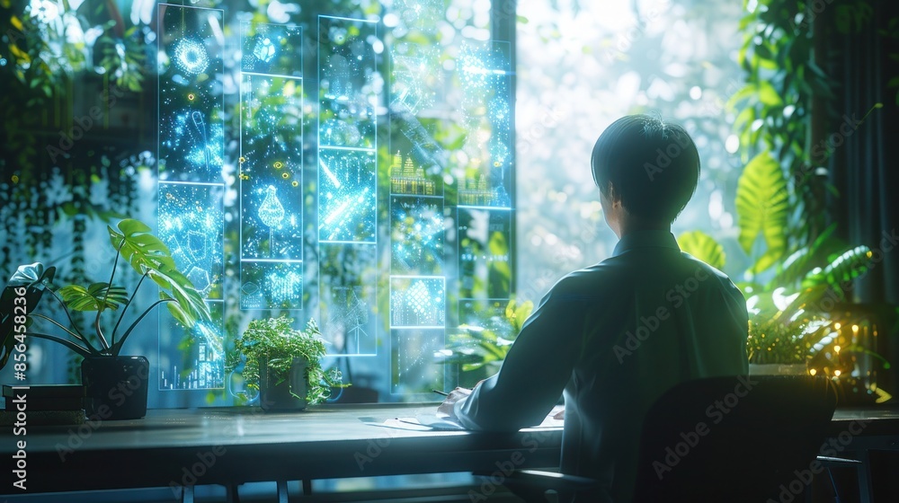 A Person Working on a Digital Interface in a Green Setting A Person Working on a Digital Interface in a Green Setting