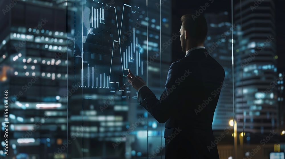 Skilled male leader explain statistic graph to expert investors Smart businessman presenting shows financial plans expert to investors on glass wall at night office Business concept Tr : Generative AI Skilled male leader explain statistic graph to expert investors Smart businessman presenting shows financial plans expert to investors on glass wall at night office Business concept Tr : Generative AI