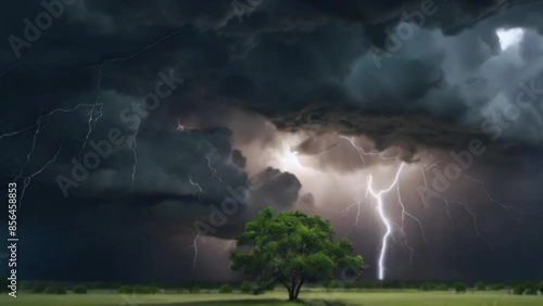 Thunderstorm with Intense Lightning Strikes over a Lonely Tree in a Vast Field, Dark Storm Clouds Animation