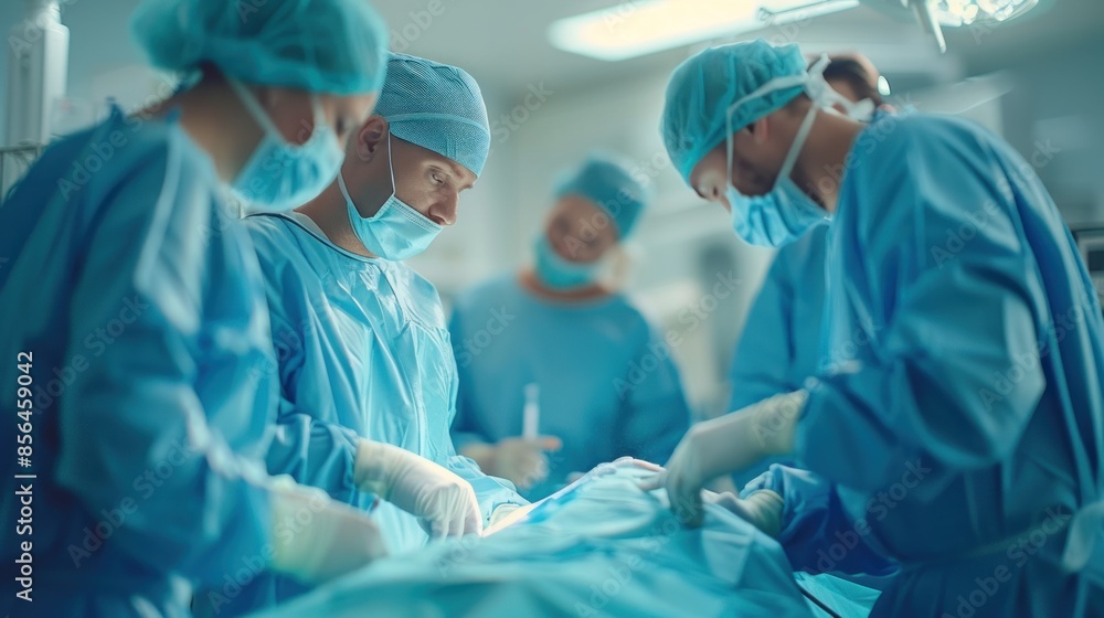 A group of surgeons are performing a surgery. Scene is serious and focused. The surgeons are wearing blue scrubs and gloves, and they are all wearing masks. The patient is lying on a table A group of surgeons are performing a surgery. Scene is serious and focused. The surgeons are wearing blue scrubs and gloves, and they are all wearing masks. The patient is lying on a table