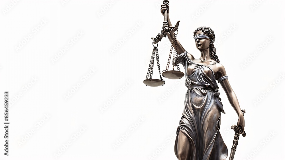 Fototapeta premium Statue of Lady Justice isolated on white low angle view Symbol of fair treatment under law : Generative AI