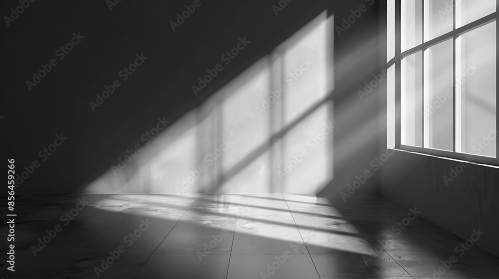 Obraz premium Grey shadow studio showcase for product presentation Shadow sunshine and sunbeam reflection on gray wall and floor in empty luxury studio room for products display : Generative AI