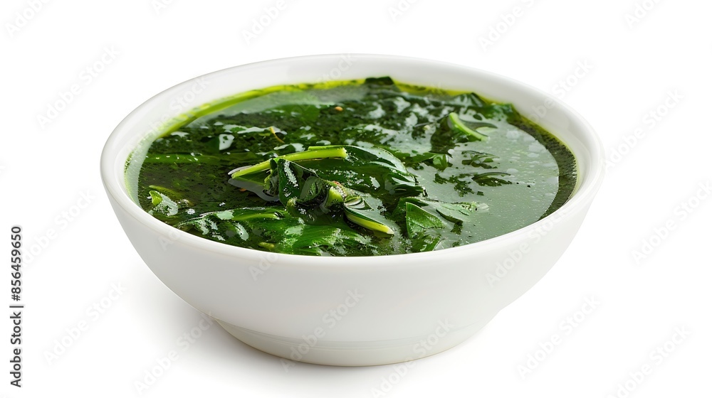 molokhia soup in white bowl egyptian food isolated on white background : Generative AI molokhia soup in white bowl egyptian food isolated on white background : Generative AI