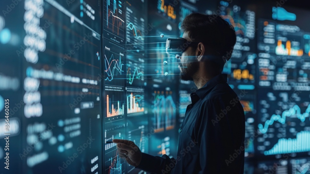 Man in Virtual Reality Headset Analyzing Data