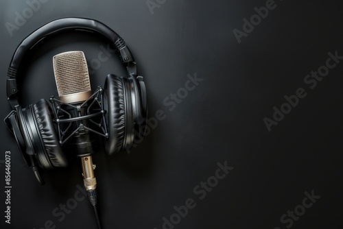 studio microphone and headphones on black background with copy space. sound recording equipment. top view. generated by AI