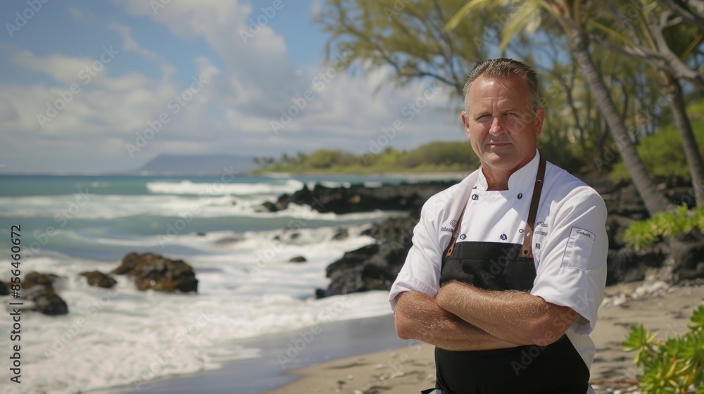 In between cooking segments the chef takes a stroll along the shore pointing out unique spots where viewers could set up their own beachfront kitchen. In between cooking segments the chef takes a stroll along the shore pointing out unique spots where viewers could set up their own beachfront kitchen.