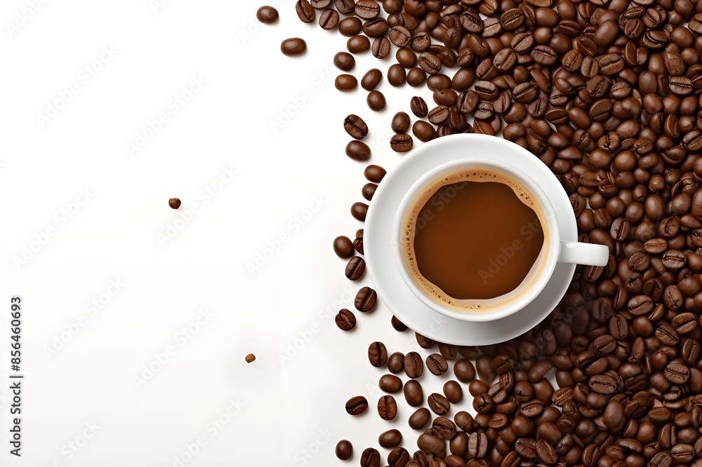 Naklejka premium cup of black coffee with coffee beans
