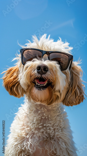 A happy white and brown cockapoo wearing sunglasses looking at the camera against a blue sky background. Award winning photography with professional color grading,