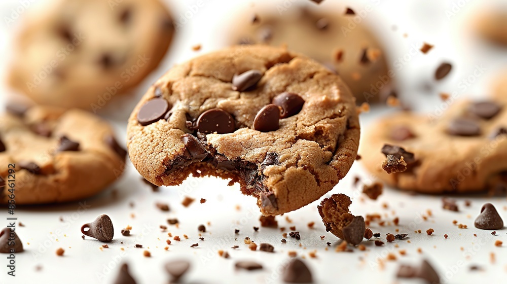 Scattered Cracked Chocolate Chip Cookies on White Background Scattered Cracked Chocolate Chip Cookies on White Background