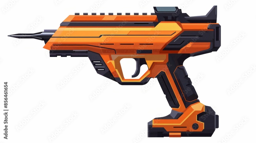 Black and orange gun on white background with black dot, conceptual image for security and protection industry Black and orange gun on white background with black dot, conceptual image for security and protection industry