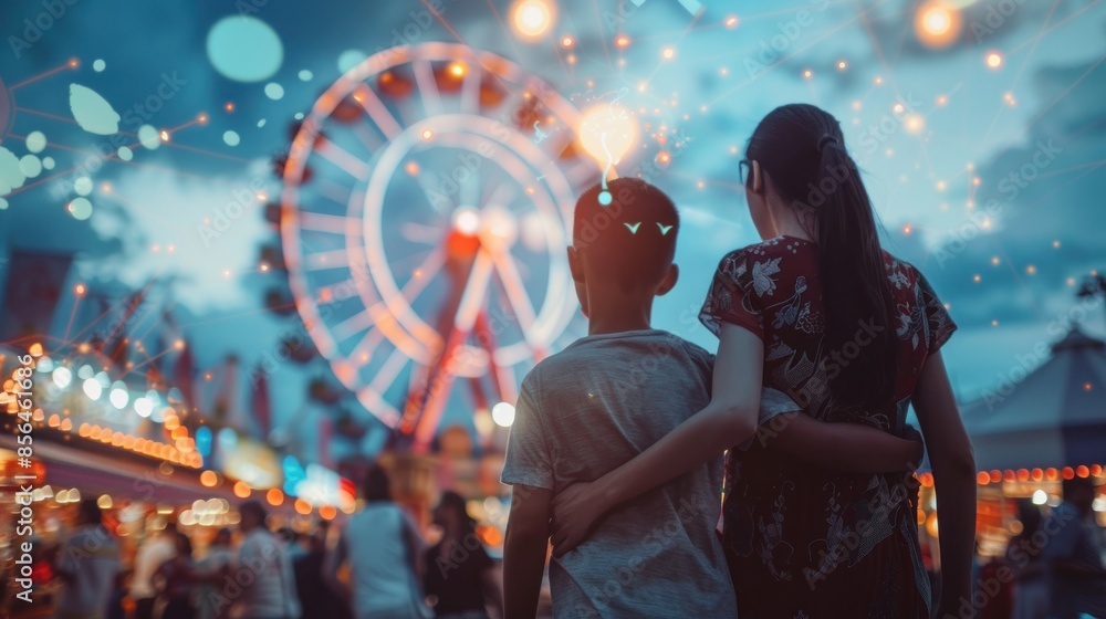 A Silhouette of a Family Enjoying an Evening at the Carnival