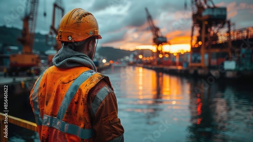 Against the backdrop of the dusky sky, a worker in reflective gear keeps a vigilant eye on the harbor, ready to respond to any need 8K , high-resolution 