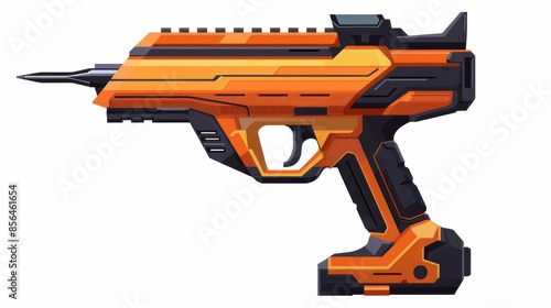 Black and orange gun on white background with black dot, conceptual image for security and protection industry photo