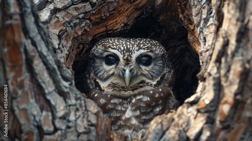 Northern Spotted Owl Peeking from Tree Hollow