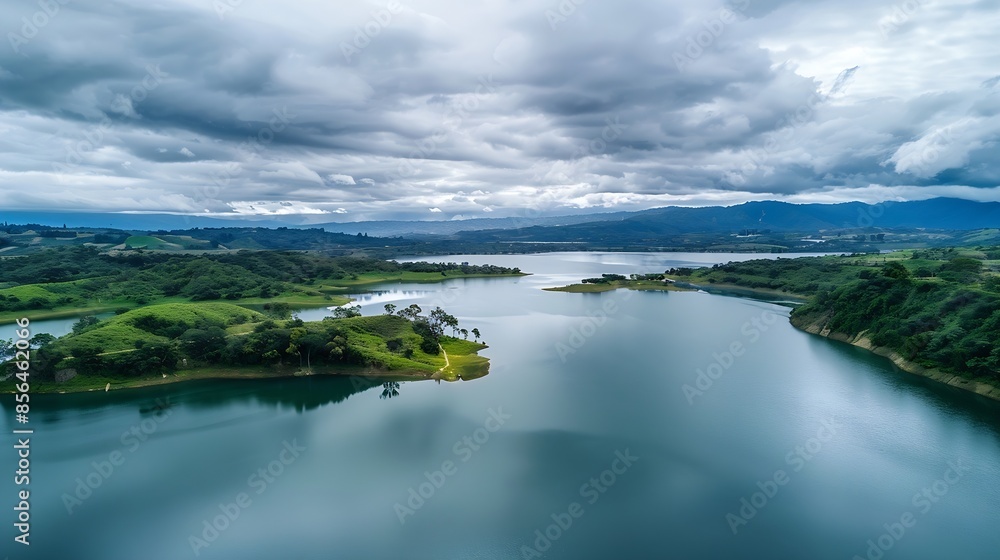 Aerial view of Embalse de Tomin in Guatavita Cundinamarca Showcasing serene water lush greenery and cloudy skies : Generative AI Aerial view of Embalse de Tomin in Guatavita Cundinamarca Showcasing serene water lush greenery and cloudy skies : Generative AI
