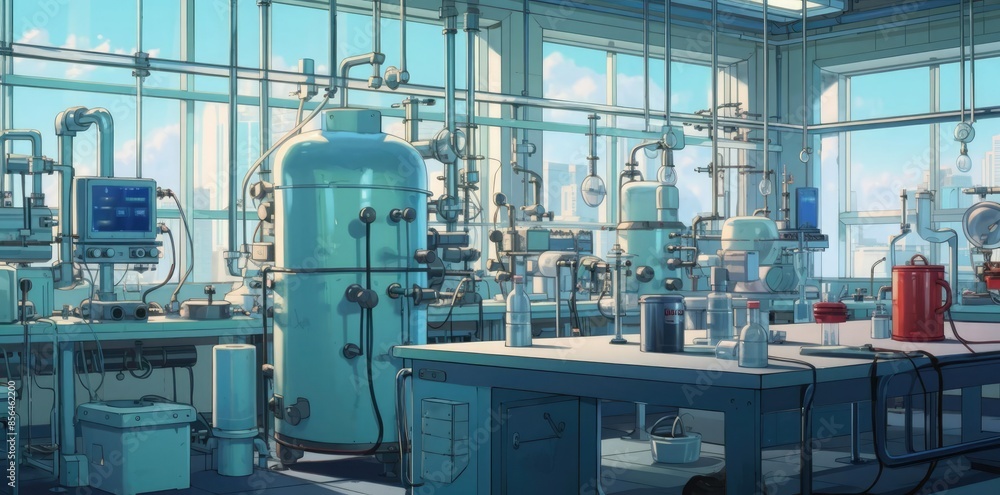 laboratory background with a blue and transparent background and a large glass window