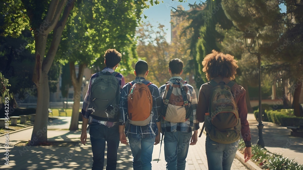 Fototapeta premium Group of five students with backpacks walking at university campus together rear view of multiethnic young people going to classes diverse college friends spending time outdoors after : Generative AI